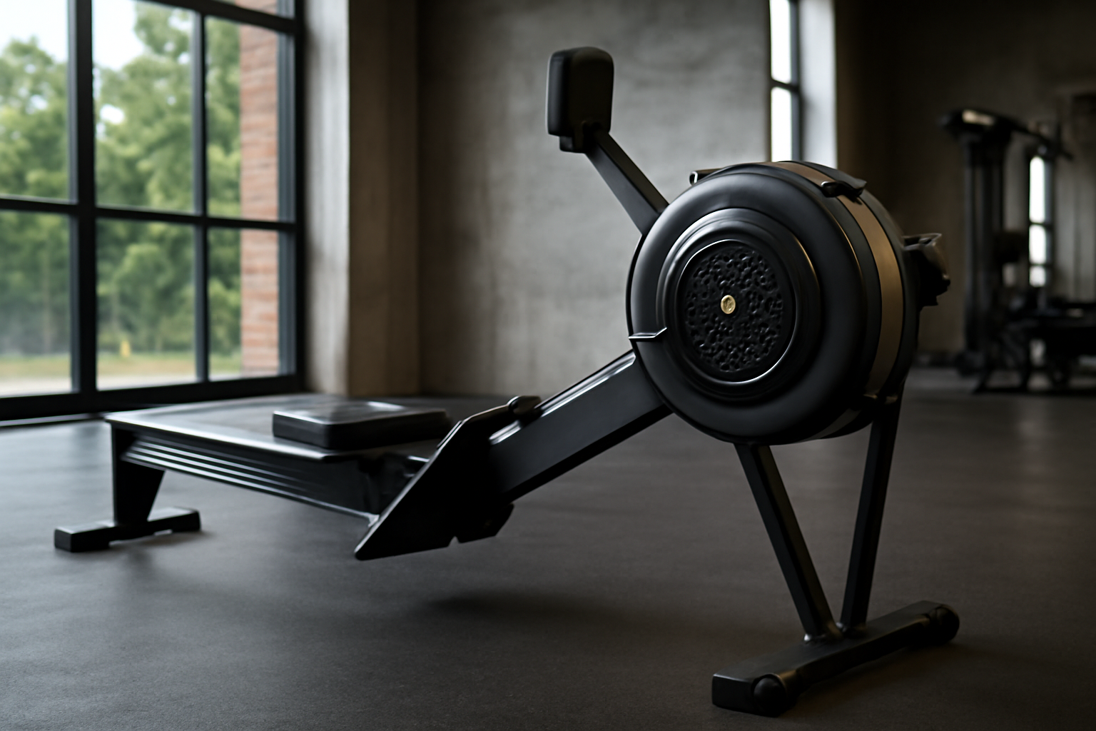 Rowing machine for weight loss in a modern gym, showcasing a high-quality, sleek black design with ergonomic features, adjustable monitor, and cushioned seat, perfect for full-body workouts and burning calories. Rowing machine for weight loss in a modern gym, showcasing a high-quality, sleek black design with ergonomic features, adjustable monitor, and cushioned seat, perfect for full-body workouts and burning calories.