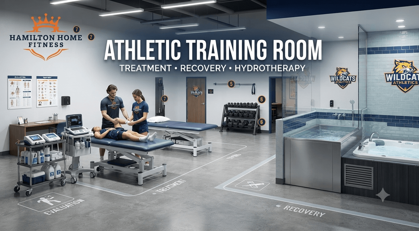 “Athletic Training Room”  Small supporting line:  “Treatment • Recovery • Hydrotherapy”