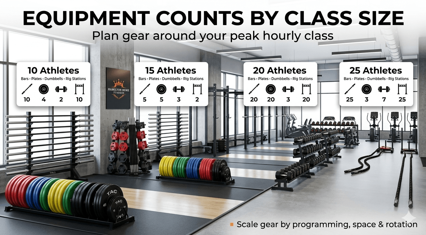 Get the CrossFit affiliate equipment list by class size — rig, barbells, plates, and cardio counts, with dated 2026 costs. Plan your box buildout today. Get the CrossFit affiliate equipment list by class size — rig, barbells, plates, and cardio counts, with dated 2026 costs. Plan your box buildout today.