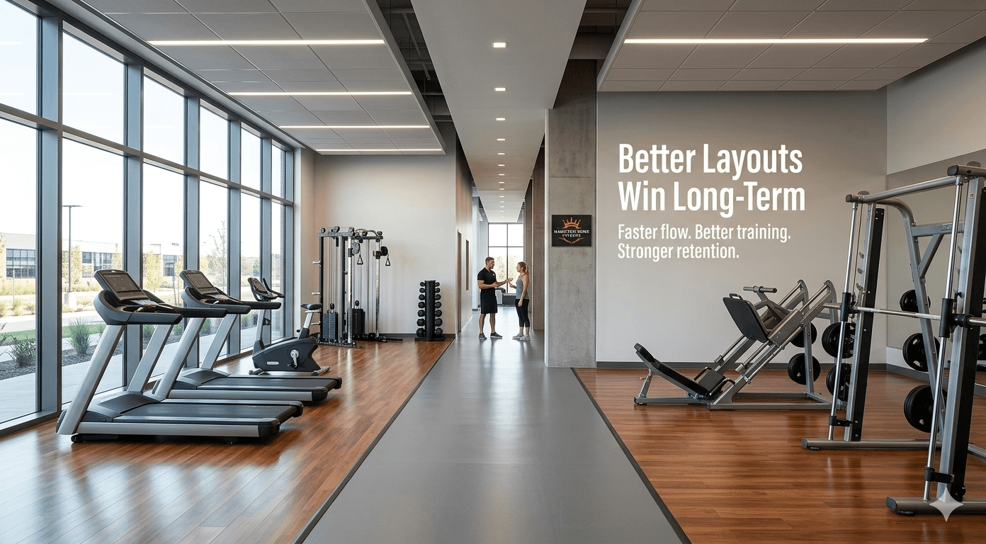 Book a gym design crafted for real-world performance, safety, flow, and ROI. Get a premium custom layout for home or commercial gyms. Start today!