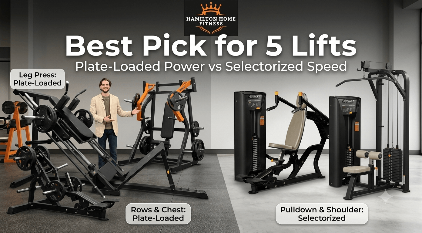 Plate loaded vs selectorized machines train the same lifts differently. Find out how loading speed, range, feel, and cost differ before you invest.