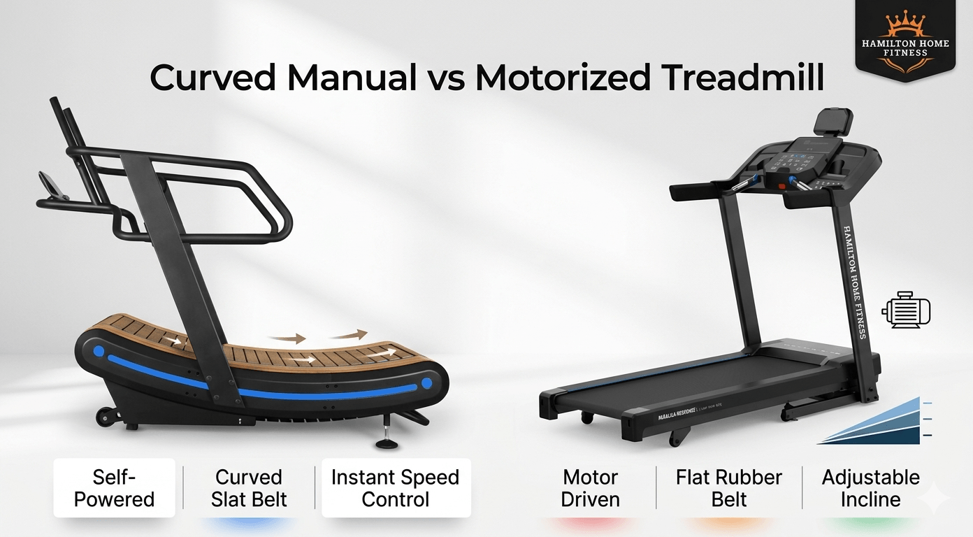 Curved manual treadmills and motorized treadmills serve different conditioning goals. Compare drive system, joint impact, sprint quality, and price. Curved manual treadmills and motorized treadmills serve different conditioning goals. Compare drive system, joint impact, sprint quality, and price.