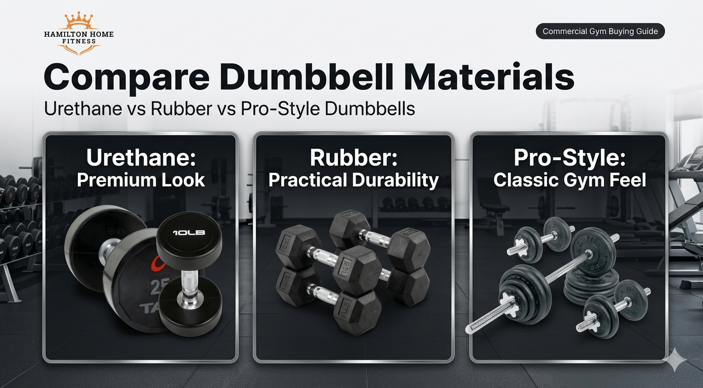 Shop commercial-grade dumbbells, barbells, plates, and racks for your facility. Compare urethane vs rubber, brands like TAG Fitness and York Barbell, and get a custom quote.