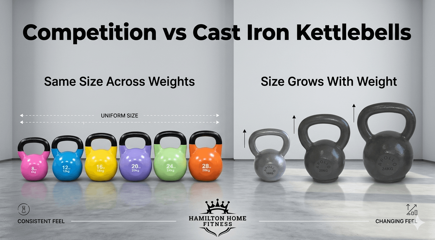 Compare cast iron vs competition kettlebells across handle thickness, sizing, finish, and training use cases so you choose the right bell for your goal. Compare cast iron vs competition kettlebells across handle thickness, sizing, finish, and training use cases so you choose the right bell for your goal.