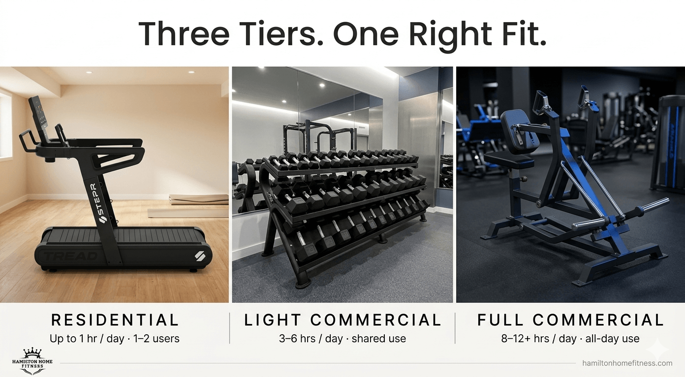 Understand the real differences between commercial and residential gym equipment — duty cycle, steel gauge, warranty, liability, lifespan, and total cost of ownership.