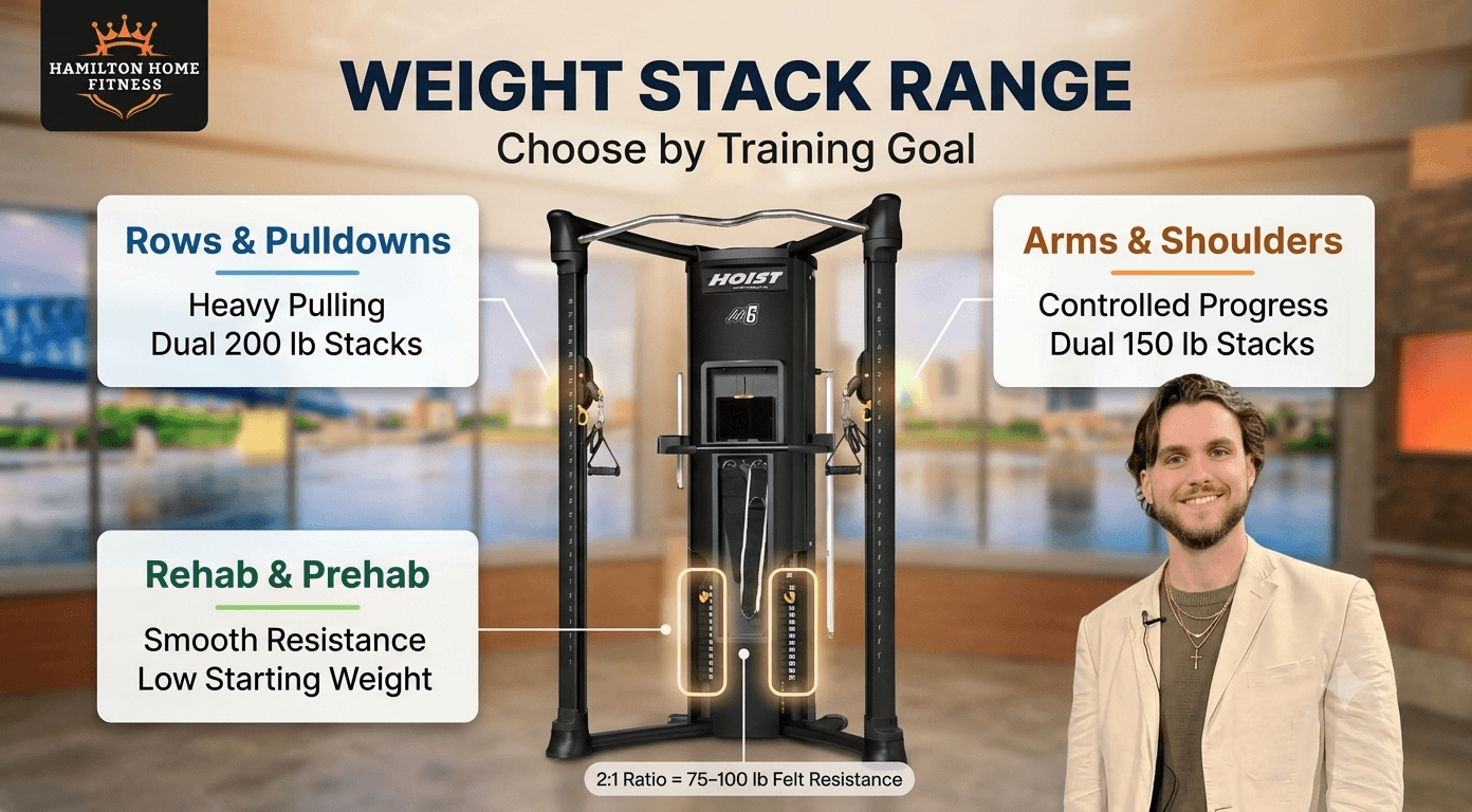 “Rows & Pulldowns” “Dual 200 lb Stacks” “Heavy Pulling”  “Arms & Shoulders” “Dual 150 lb Stacks” “Controlled Progress”  “Rehab & Prehab” “Low Starting Weight” “Smooth Resistance”  Optional small note text: “2:1 Ratio = 75–100 lb Felt Resistance”