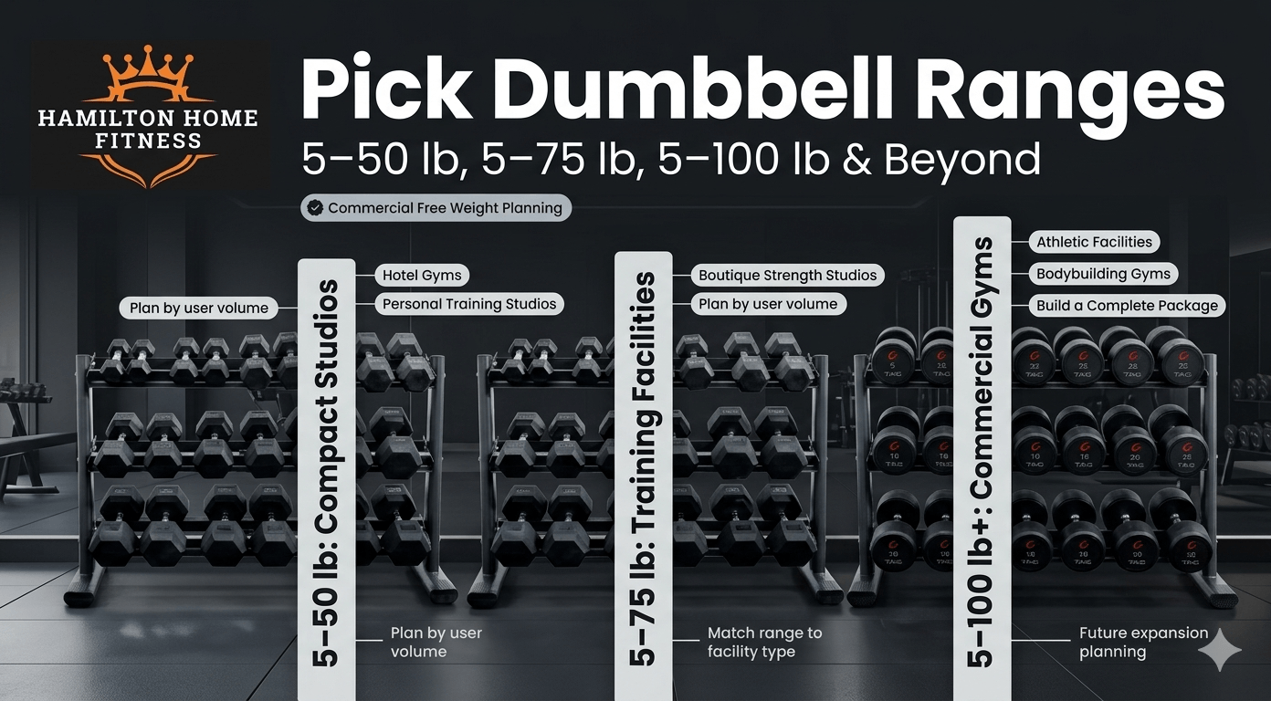 Shop commercial-grade dumbbells, barbells, plates, and racks for your facility. Compare urethane vs rubber, brands like TAG Fitness and York Barbell, and get a custom quote.