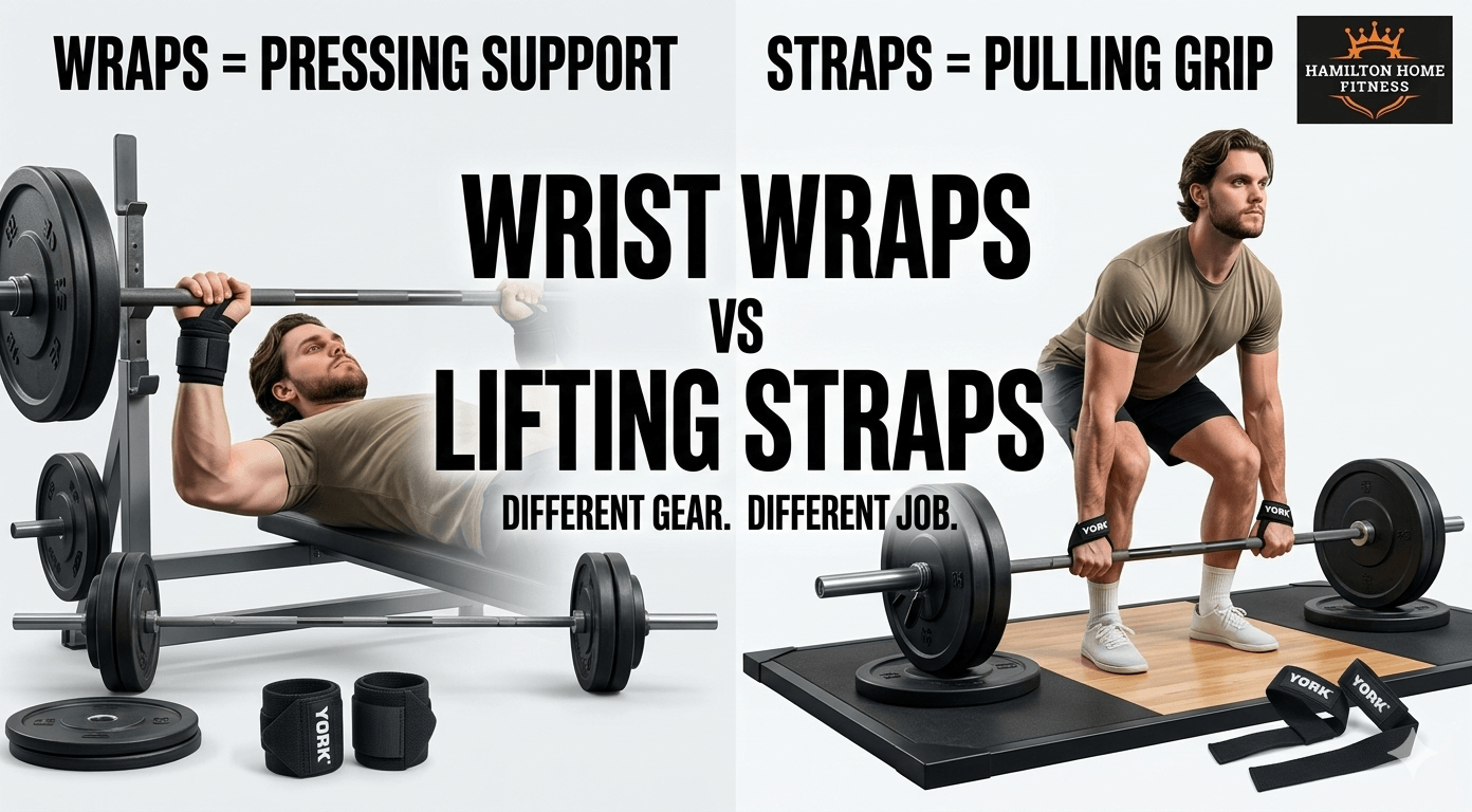 “Wrist Wraps vs Lifting Straps” “Wraps = Pressing Support” “Straps = Pulling Grip” Optional small supporting text: “Different Gear. Different Job.” “Wrist Wraps vs Lifting Straps” “Wraps = Pressing Support” “Straps = Pulling Grip” Optional small supporting text: “Different Gear. Different Job.”