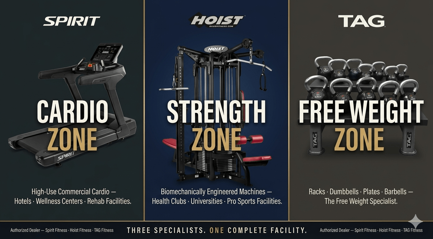 Choosing between Spirit Fitness, Hoist, and TAG Fitness for your commercial gym? Compare quality, warranty, pricing, and best-fit use cases. All three available at HHF.