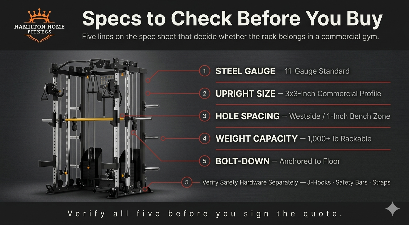 Find the right commercial power rack or squat cage for your gym. Compare weight capacities, footprints, attachments, and brands. Shop HHF's commercial rack selection. Find the right commercial power rack or squat cage for your gym. Compare weight capacities, footprints, attachments, and brands. Shop HHF's commercial rack selection.