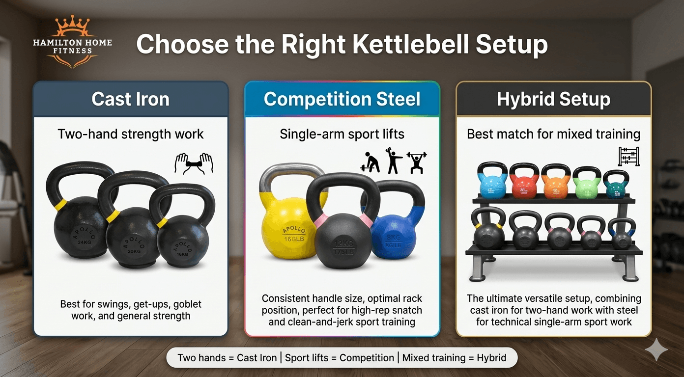 Compare cast iron vs competition kettlebells across handle thickness, sizing, finish, and training use cases so you choose the right bell for your goal. Compare cast iron vs competition kettlebells across handle thickness, sizing, finish, and training use cases so you choose the right bell for your goal.