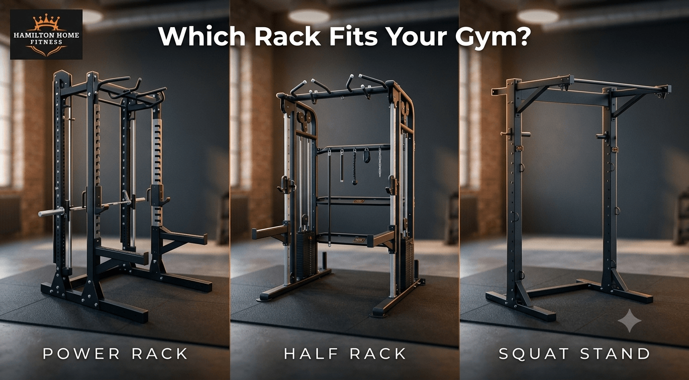 Compare power racks, half racks, and squat stands across footprint, safety, attachments, and price to pick the right strength station for your gym.