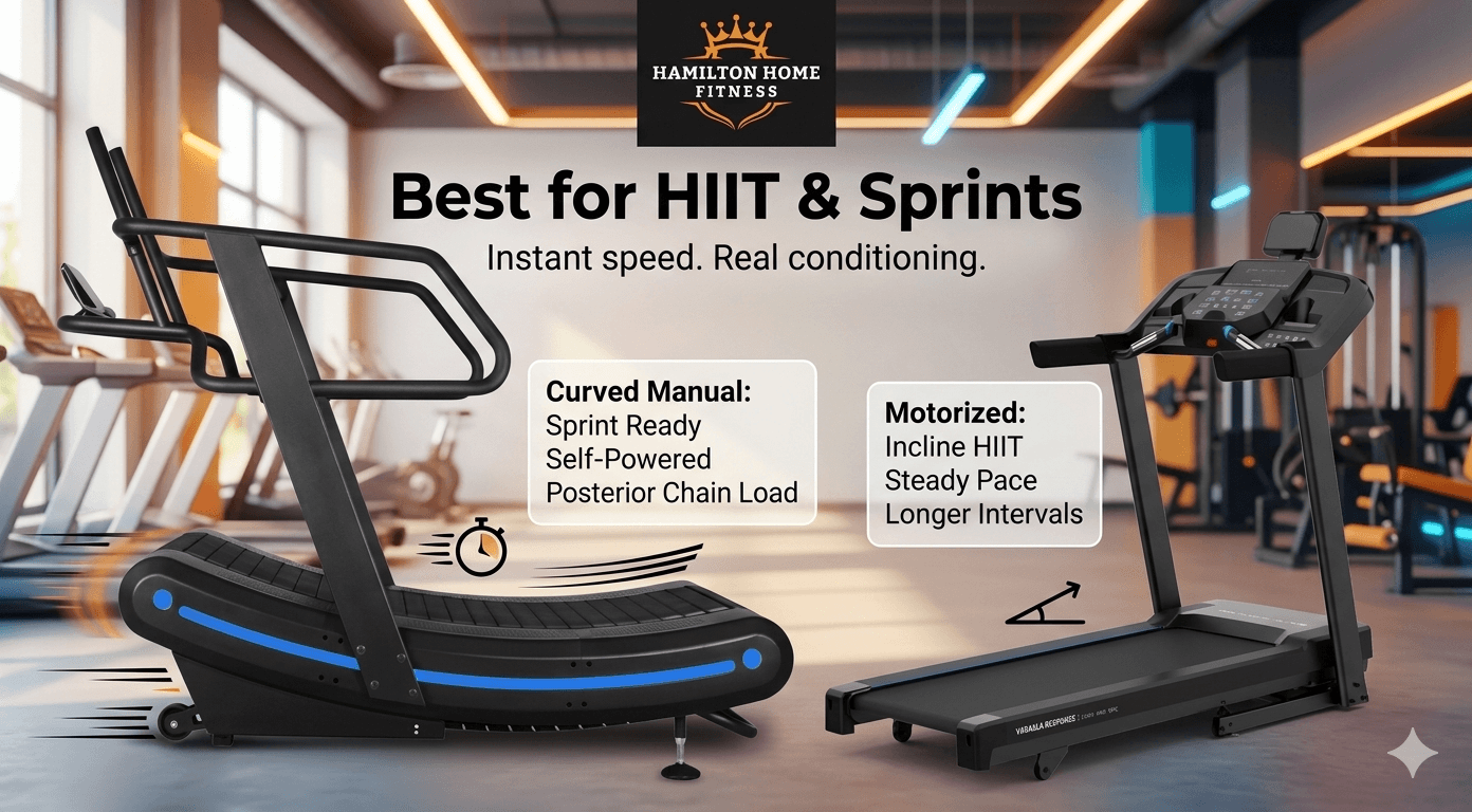 Curved manual treadmills and motorized treadmills serve different conditioning goals. Compare drive system, joint impact, sprint quality, and price. Curved manual treadmills and motorized treadmills serve different conditioning goals. Compare drive system, joint impact, sprint quality, and price.
