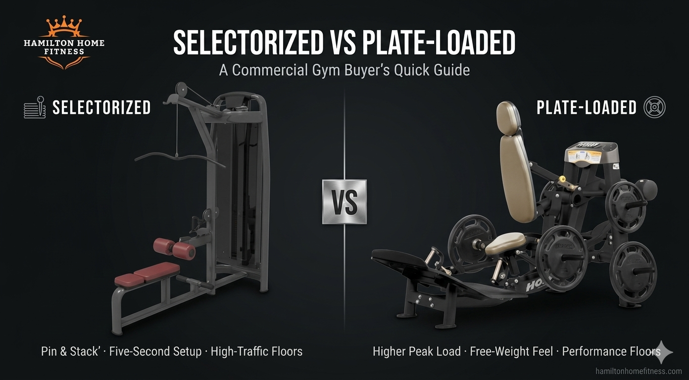 Shop commercial strength machines for your gym. Compare selectorized vs plate-loaded options, top brands like Spirit Fitness and Hoist, and find the right fit for your facility.