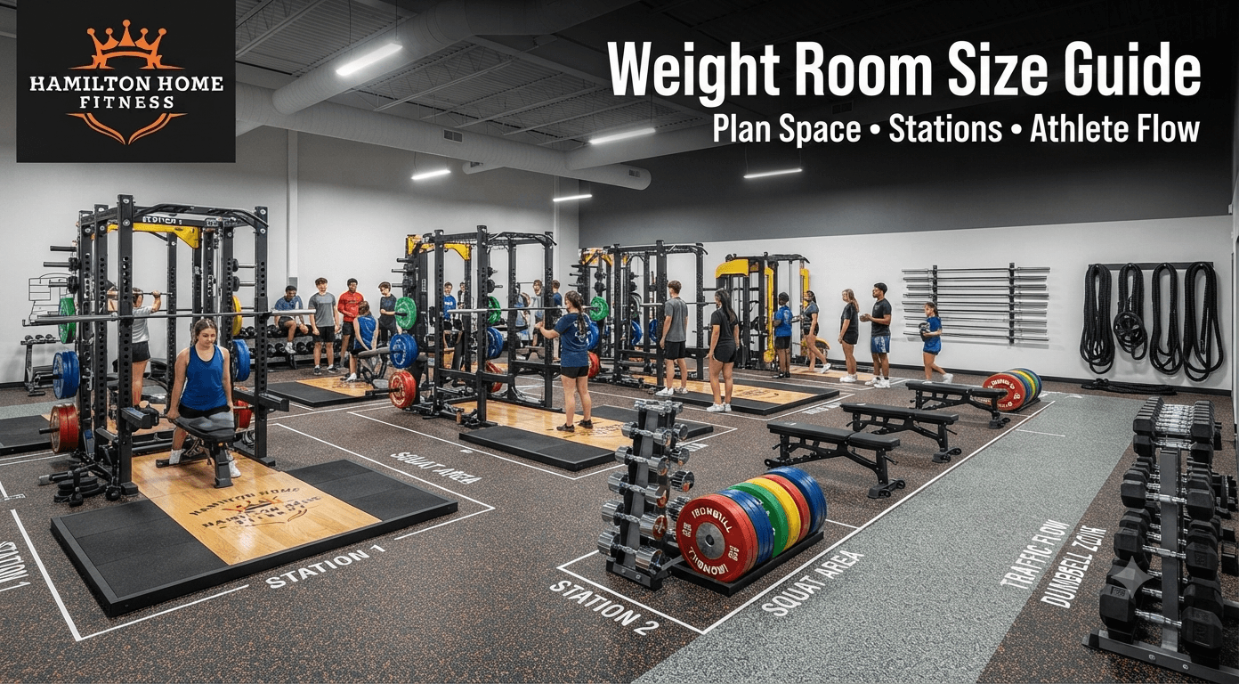 “Weight Room Size Guide”  Small supporting line:  “Plan Space • Stations • Athlete Flow”