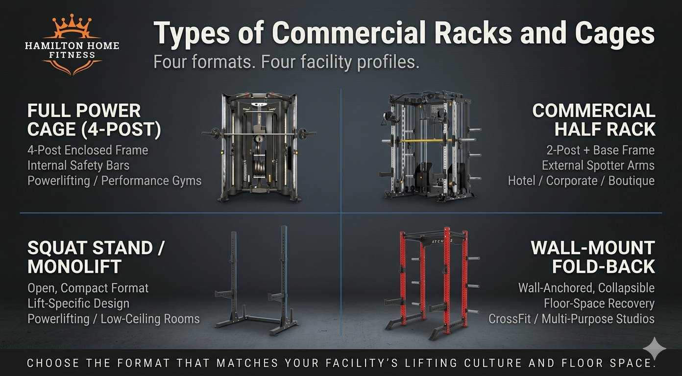 Find the right commercial power rack or squat cage for your gym. Compare weight capacities, footprints, attachments, and brands. Shop HHF's commercial rack selection. Find the right commercial power rack or squat cage for your gym. Compare weight capacities, footprints, attachments, and brands. Shop HHF's commercial rack selection.