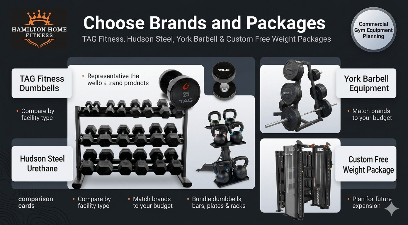 Shop commercial-grade dumbbells, barbells, plates, and racks for your facility. Compare urethane vs rubber, brands like TAG Fitness and York Barbell, and get a custom quote.