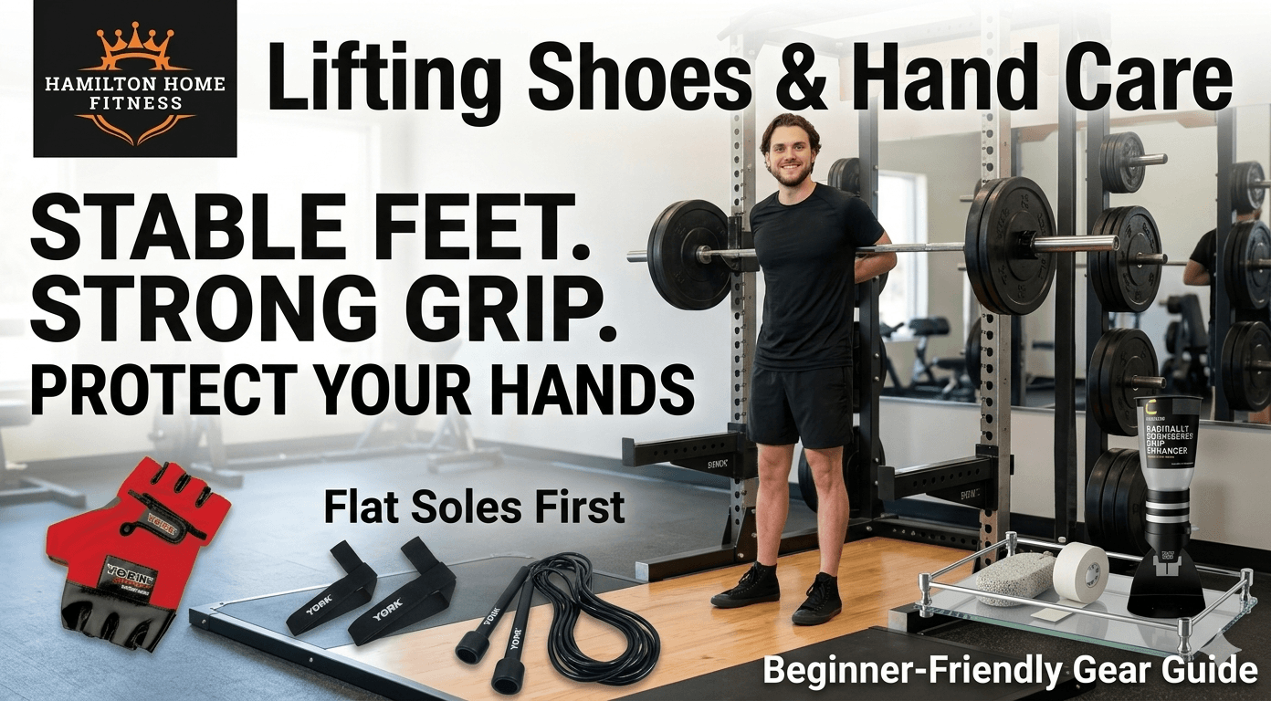 “Lifting Shoes & Hand Care” “Stable Feet. Strong Grip.” “Flat Soles First” “Protect Your Hands” Optional small supporting text: “Beginner-Friendly Gear Guide” “Lifting Shoes & Hand Care” “Stable Feet. Strong Grip.” “Flat Soles First” “Protect Your Hands” Optional small supporting text: “Beginner-Friendly Gear Guide”