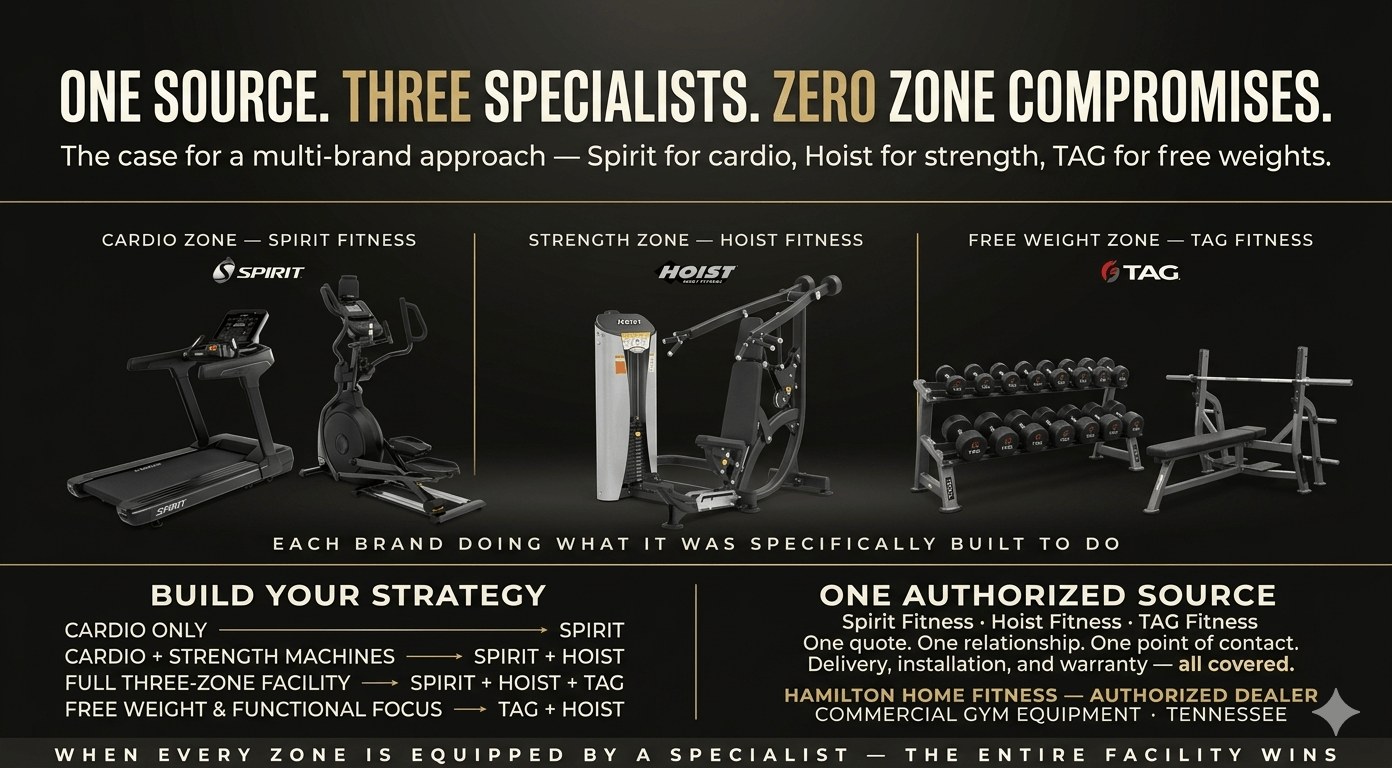Choosing between Spirit Fitness, Hoist, and TAG Fitness for your commercial gym? Compare quality, warranty, pricing, and best-fit use cases. All three available at HHF.