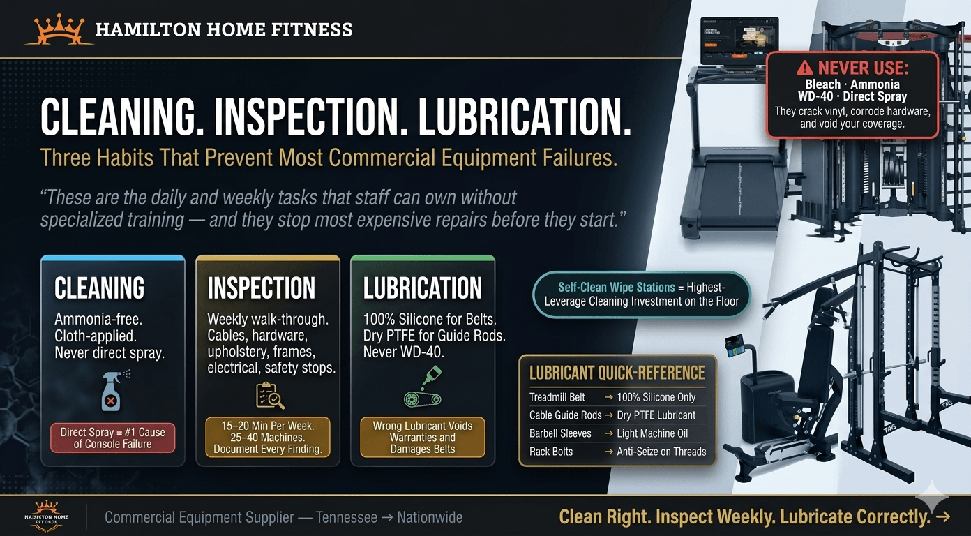 Protect your gym investment with a proper maintenance plan. Learn how to clean, inspect, and service commercial gym equipment to extend lifespan and reduce repair costs. Protect your gym investment with a proper maintenance plan. Learn how to clean, inspect, and service commercial gym equipment to extend lifespan and reduce repair costs.