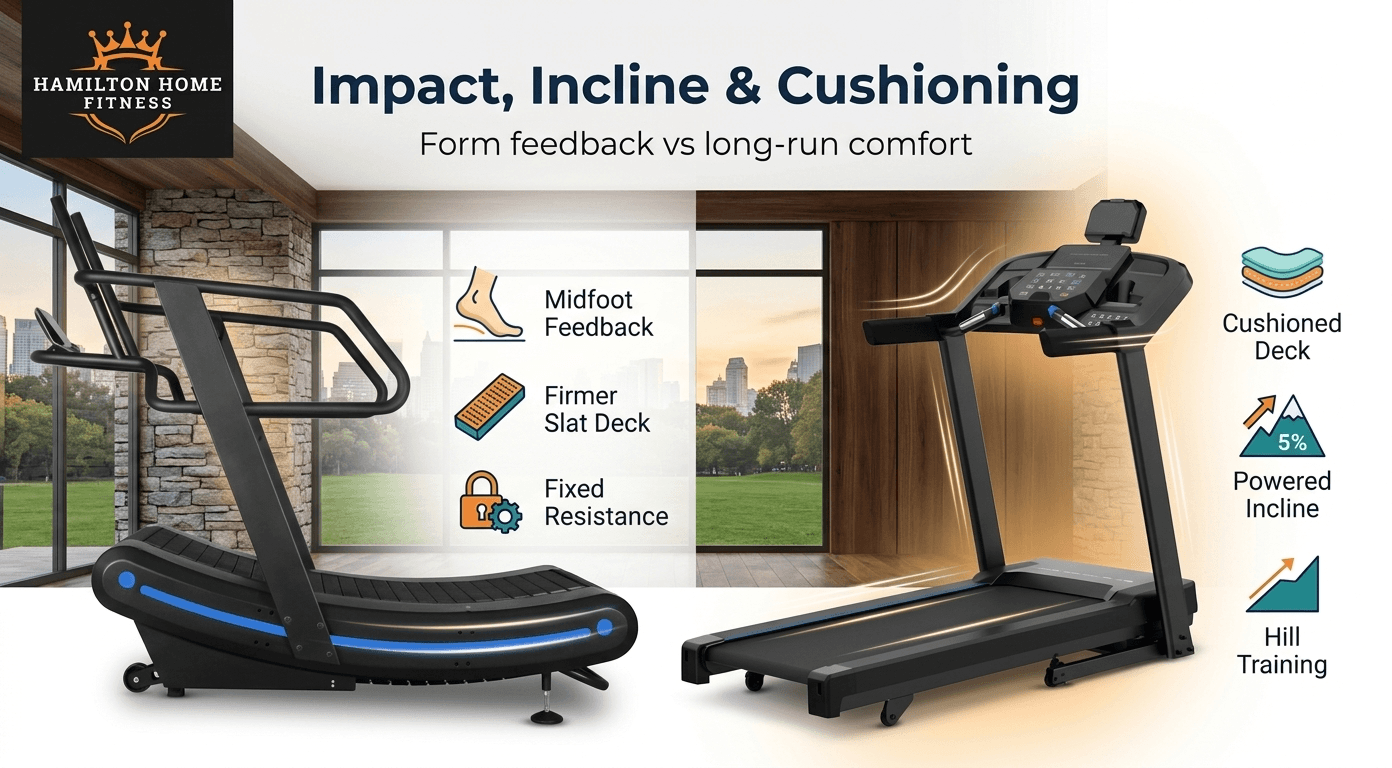 Curved manual treadmills and motorized treadmills serve different conditioning goals. Compare drive system, joint impact, sprint quality, and price. Curved manual treadmills and motorized treadmills serve different conditioning goals. Compare drive system, joint impact, sprint quality, and price.