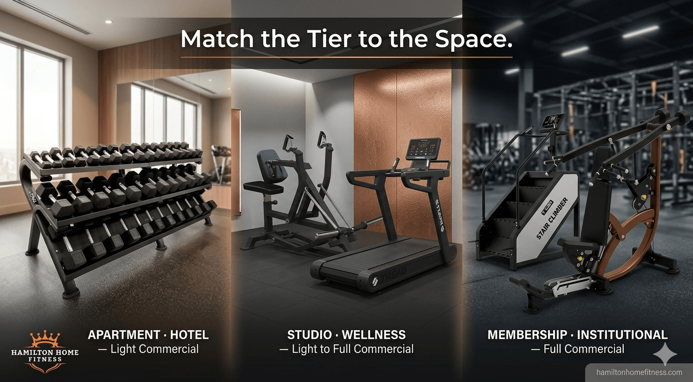 Understand the real differences between commercial and residential gym equipment — duty cycle, steel gauge, warranty, liability, lifespan, and total cost of ownership.