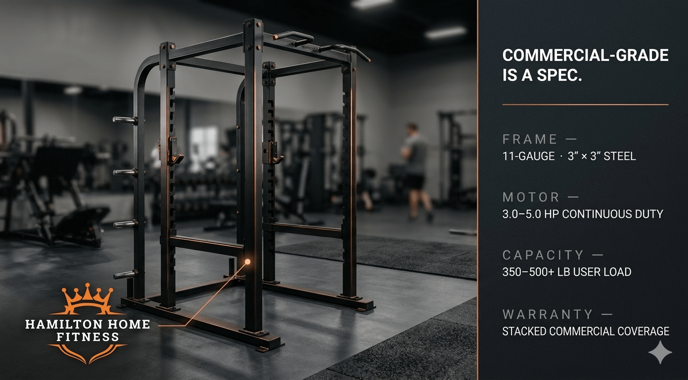 Understand the real differences between commercial and residential gym equipment — duty cycle, steel gauge, warranty, liability, lifespan, and total cost of ownership.