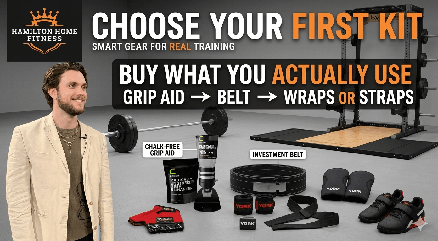 “Choose Your First Kit” “Buy What You Actually Use” “Grip Aid → Belt → Wraps or Straps” Optional small supporting text: “Smart Gear for Real Training” “Choose Your First Kit” “Buy What You Actually Use” “Grip Aid → Belt → Wraps or Straps” Optional small supporting text: “Smart Gear for Real Training”