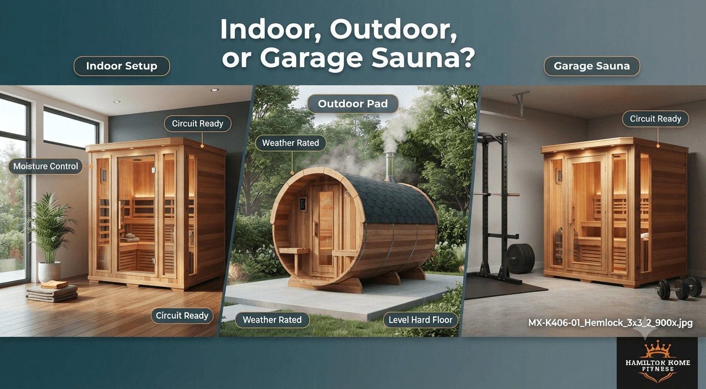 “Indoor Setup” “Outdoor Pad” “Garage Sauna” “Choose the Right Spot” “Indoor Setup” “Outdoor Pad” “Garage Sauna” “Choose the Right Spot”