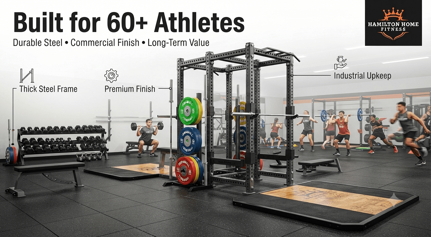 “Built for 60+ Athletes”  Small supporting line:  “Durable Steel • Commercial Finish • Long-Term Value”