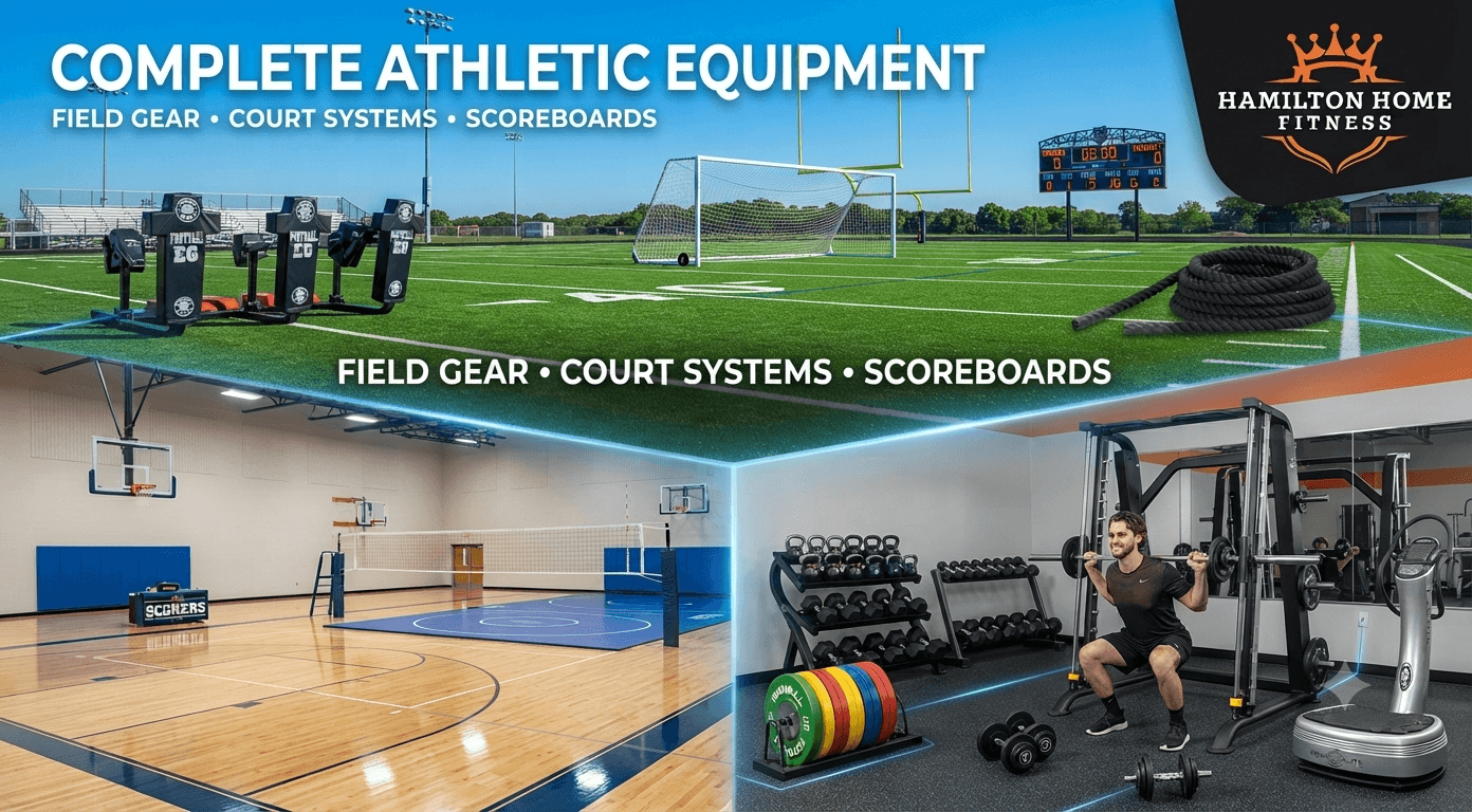 “Complete Athletic Equipment”  Small supporting line:  “Field Gear • Court Systems • Scoreboards”