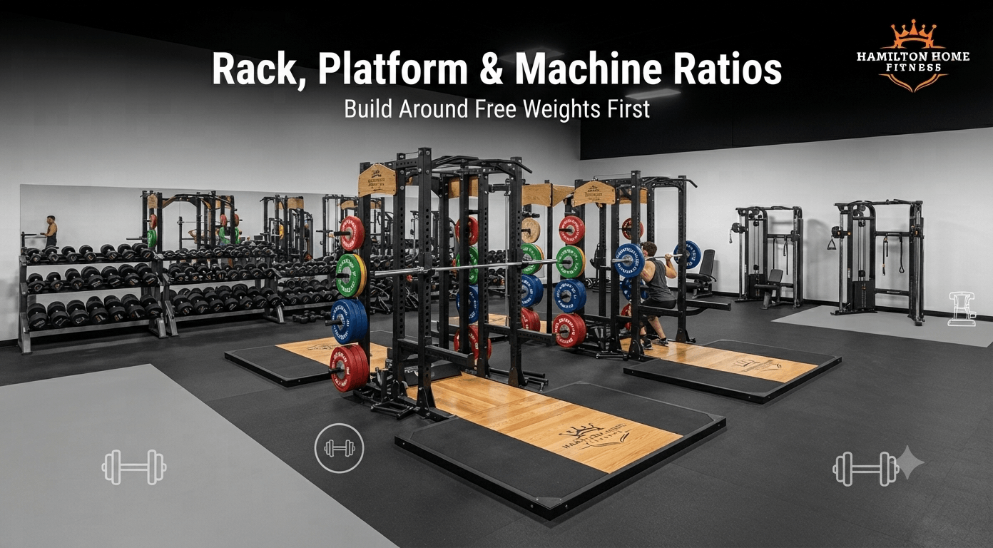 “Rack, Platform & Machine Ratios”  Small supporting line:  “Build Around Free Weights First”