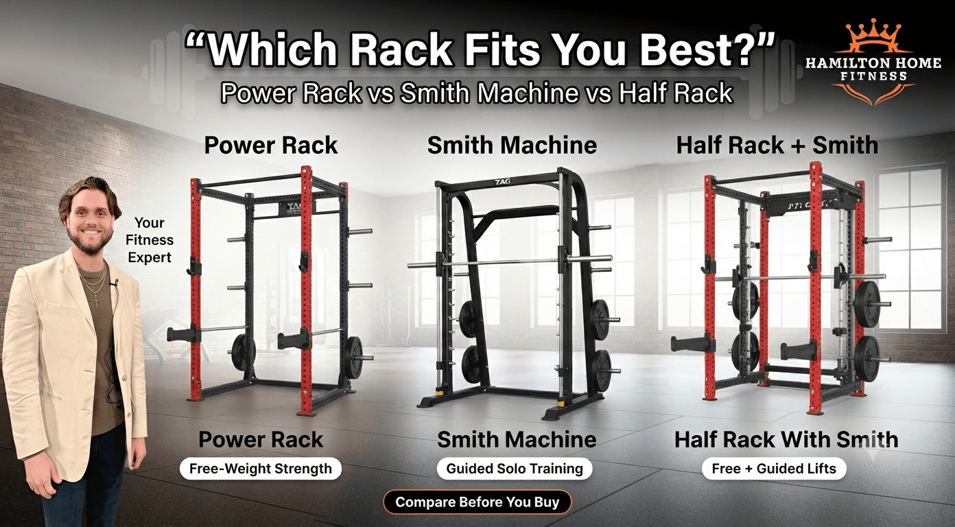 Smith machine vs power rack, plus half racks with Smith: compare bar path, counter-balanced weight, safety, and hypertrophy fit. See what suits you.